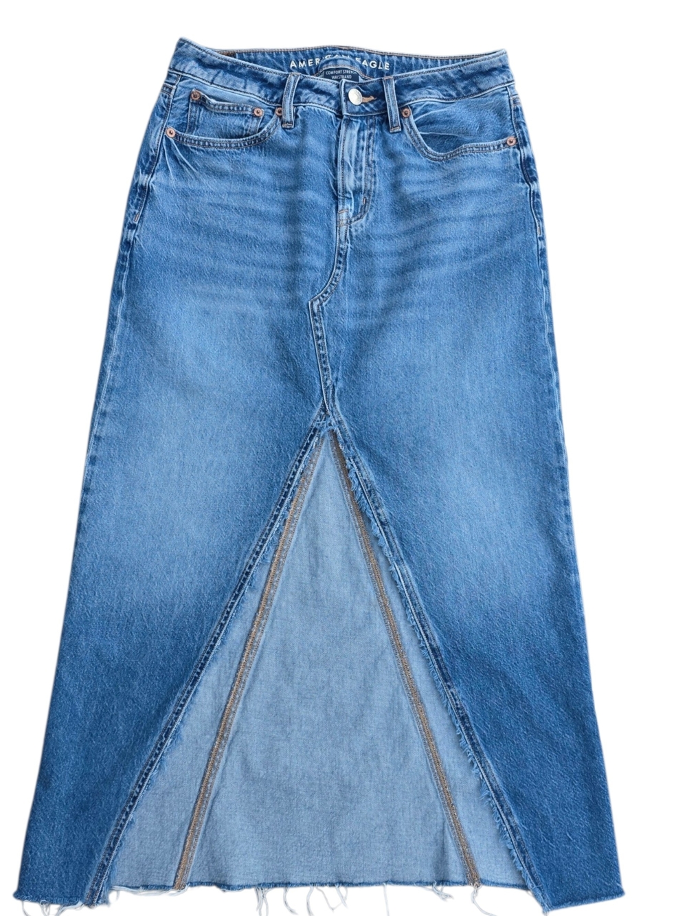 American Eagle Low Rise Maxi Denim Skirt Size 2 Blue Front Slit Raw Hem Y2K